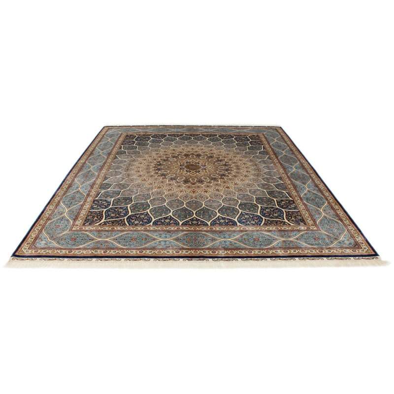 Tapis turc beige et bleu 8 x 10 en soie