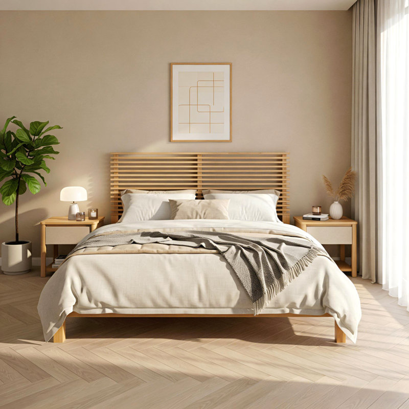 Structure de lit plateforme en bois massif de qualité supérieure avec tête de lit à lattes horizontale de qualité supérieure, mobilier de chambre moderne en bois naturel, capacité de poids de 600 lb, aucun sommier requis, convient à tous les matelas