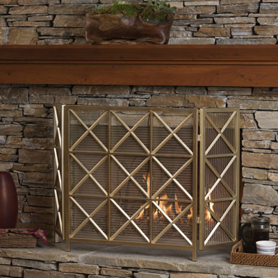 Pare-feu de sécurité pour cheminée - Fer à 3 panneaux, motif or rose/noir/or, 78,5 cm x 121,7 cm x 35,6 cm (H x L x P).