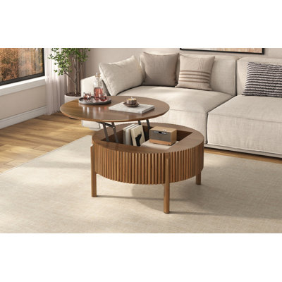 Table basse moderne en noyer de style campagnard, table basse ronde à plateau relevable avec compartiment de rangement dissimulé, table d'appoint centrale circulaire en bois massif cannelé pour les espaces de salon