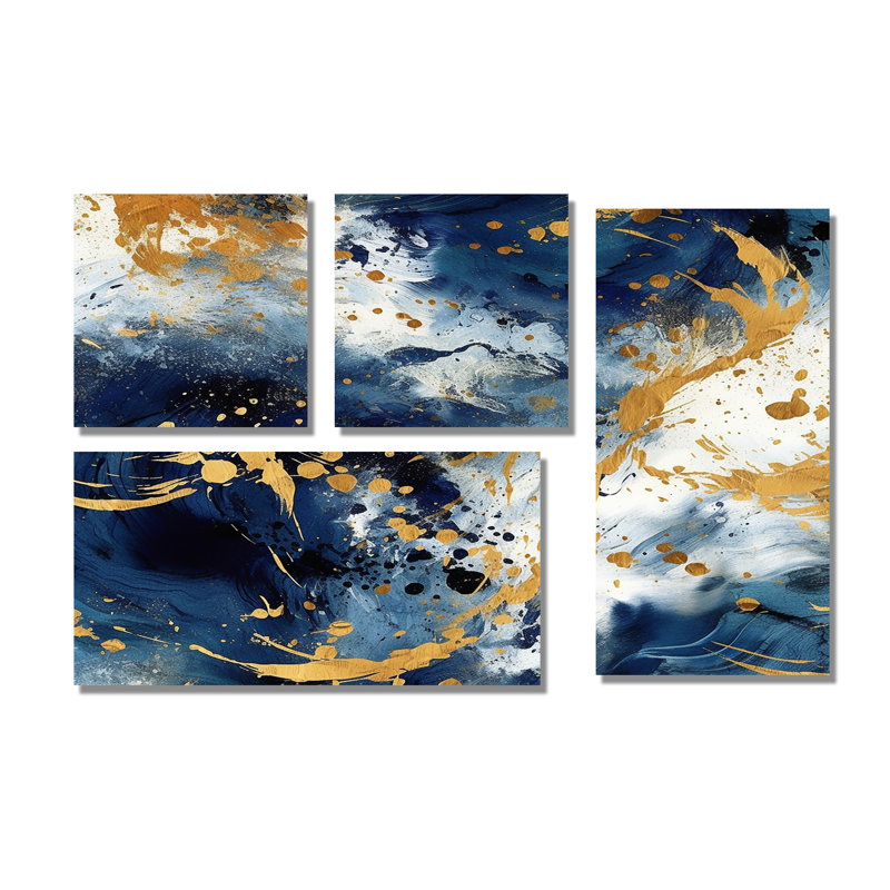 Bleu foncé et or abstrait X - décoration murale moderne 4 pièces, Toile tendue, Ne s’applique pas
