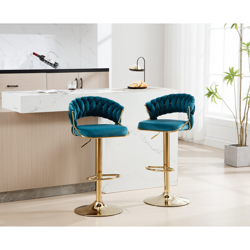 Tabouret de bar réglable en velours moderne avec comptoir pivotant à 360 degrés, Bleu marine / cadre doré