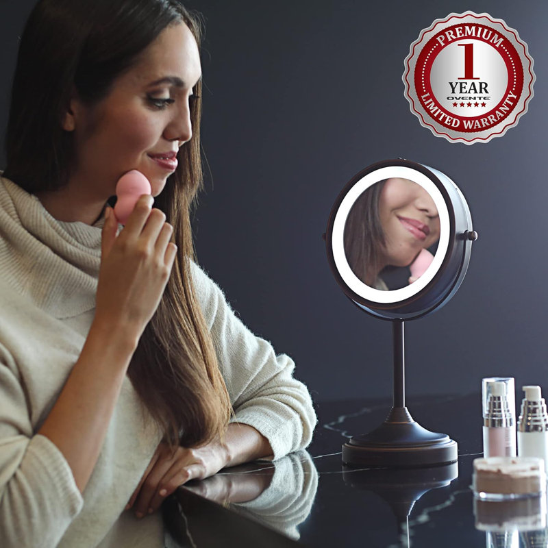 Miroir de maquillage lumineux 7 "avec grossissement 1X / 7X, miroir de coiffeuse sans fil à fixation sur table avec conception pivotante à 360 ° et anneau lumineux blanc cosmétique à double face, bronze antique MCT70ABZ1X7X