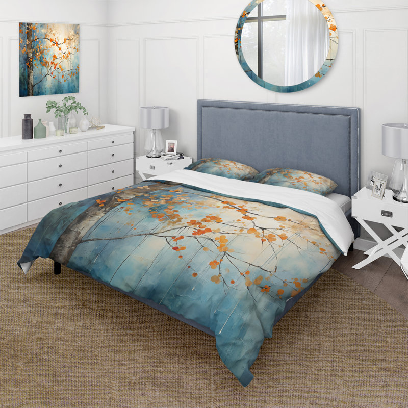 Orange Teal Maple Tree Glowing Embers II - Tree Maple Duvet Cover Set - Microfiber Polyester