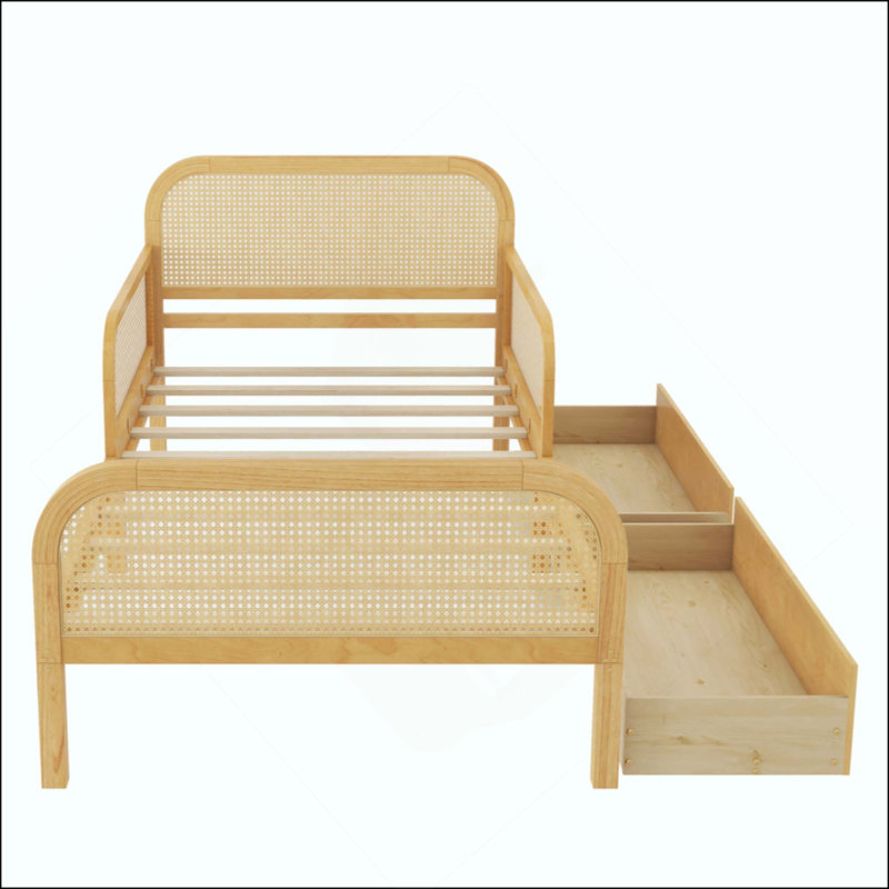 Structure de lit plateforme avec 2 tiroirs de rangement, lit en rotin pour enfants avec tête et pied de lit, Twin, Natural