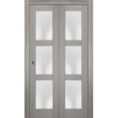 Sliding Closet Bi-fold Doors 30 x 96 Lucia 2552 Ginger Ash with Frosted Glass Sturdy Tracks Moldings Trims Hardware Set Wood Solid Bedroom Wardrobe Doors