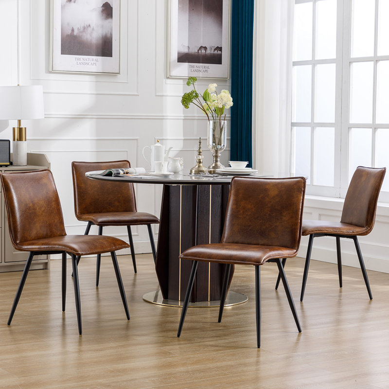 Keava 19" Wide Modern Farmhouse Dining Side Chair in Distressed Leather with Natural Shading, Yellowish Brown, Black