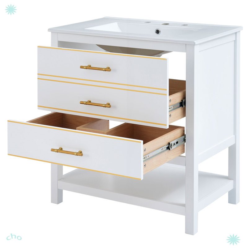 30Inch Bathroom Vanity Cabinet Combo With Open Storge, White