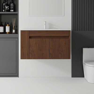 Meuble-lavabo flottant peu encombrant avec lavabo en céramique et portes à fermeture en douceur
