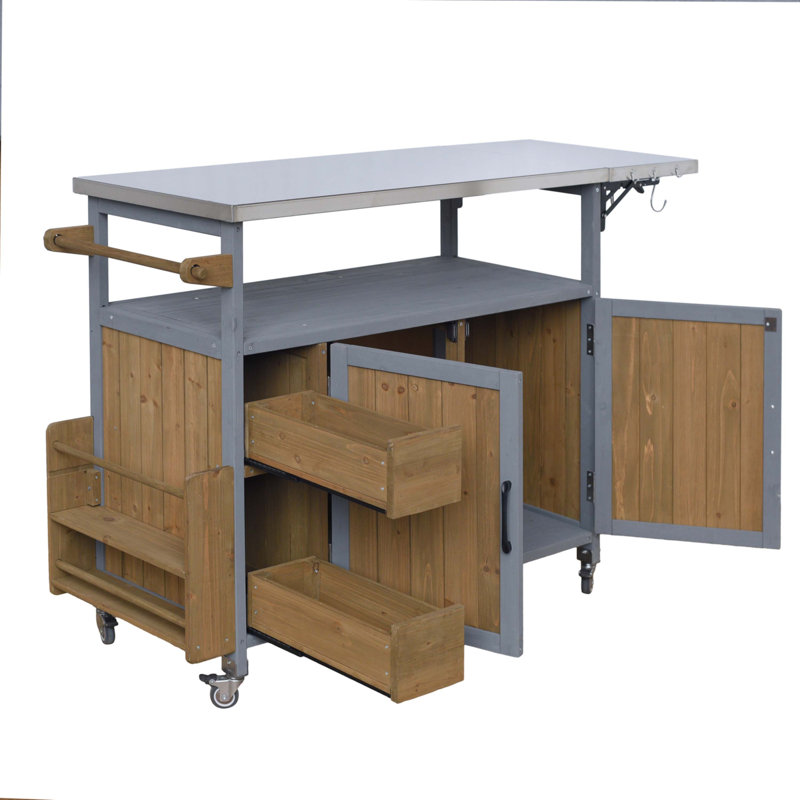 54.33" Farmhouse Rolling Outdoor Kitchen Cart, Blue Gray/Walnut Brown