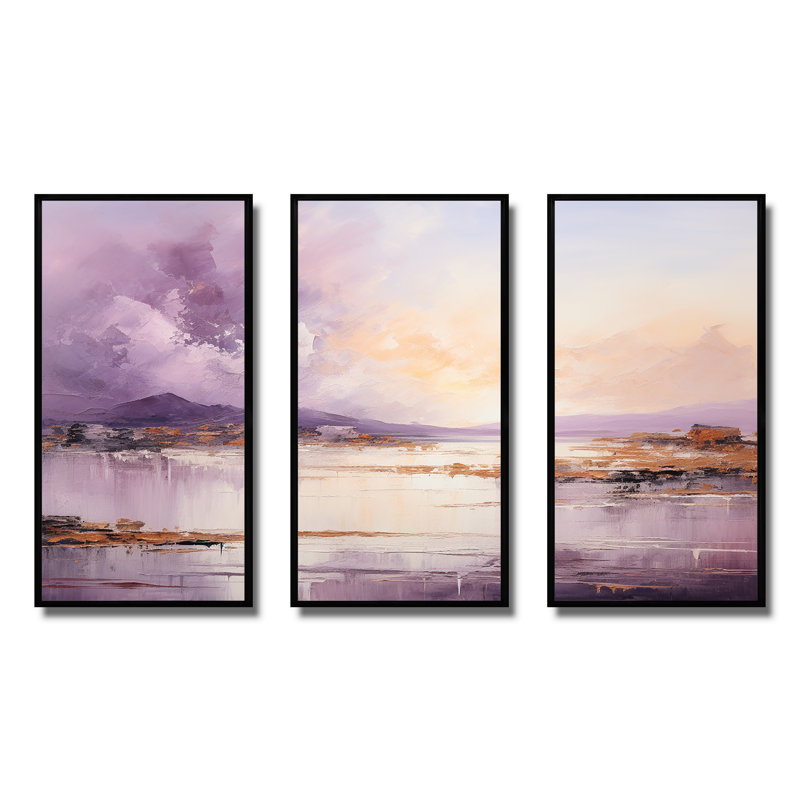 Mauve et or, lac et montagne II - art mural lac, H 28 po x l 36 po x P 1 po, Cadre flottant noir