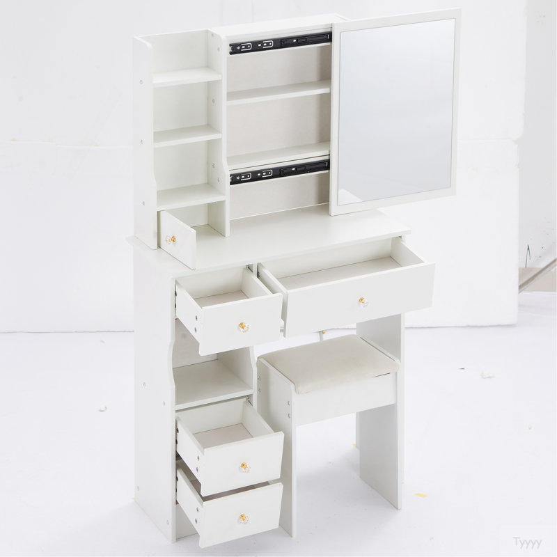 29.2" Small Space Left Drawer Desktop Vanity Table + Cushioned Stool, Extra Large Right Sliding Mirror, Multi Layer High Capacity Storage, Practical Fashionable Dresser, EPA, GCC, UL Certificate