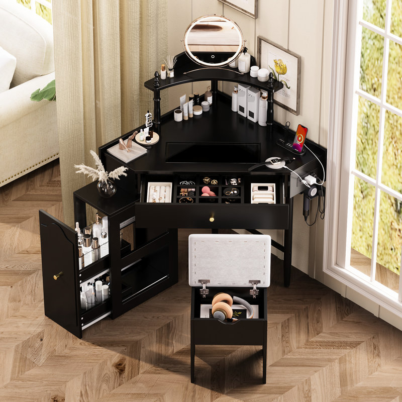 Corner Vanity Desk With Charging Station, Glass Tabletop, Removable Cabinet And Storage For Organized Beauty Makeup Routine Black Cushioned Stool, Tabletop Jewelry Drawer