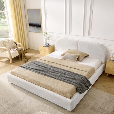 Structure de lit tapissier pour grand lit, style minimaliste moderne avec tête de lit haute incurvée, tissu en fil de cercle de qualité supérieure et support robuste pour les jambes, matelas non inclus - beige