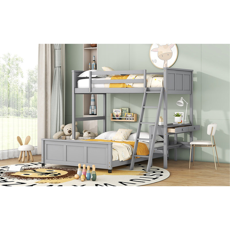 Lit superposé simple au-dessus d'un lit double gris avec bureau pratique - Bureau en bois massif et construction confortable