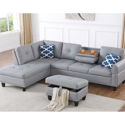 Canapé modulaire en similicuir gris avec 3 sièges modernes, mi-ferme, dossier rembourré, garniture cloutée, 2 coussins décoratifs, porte-gobelet, canapé avec rangement, Hardy contemporain, ornementation, jeté