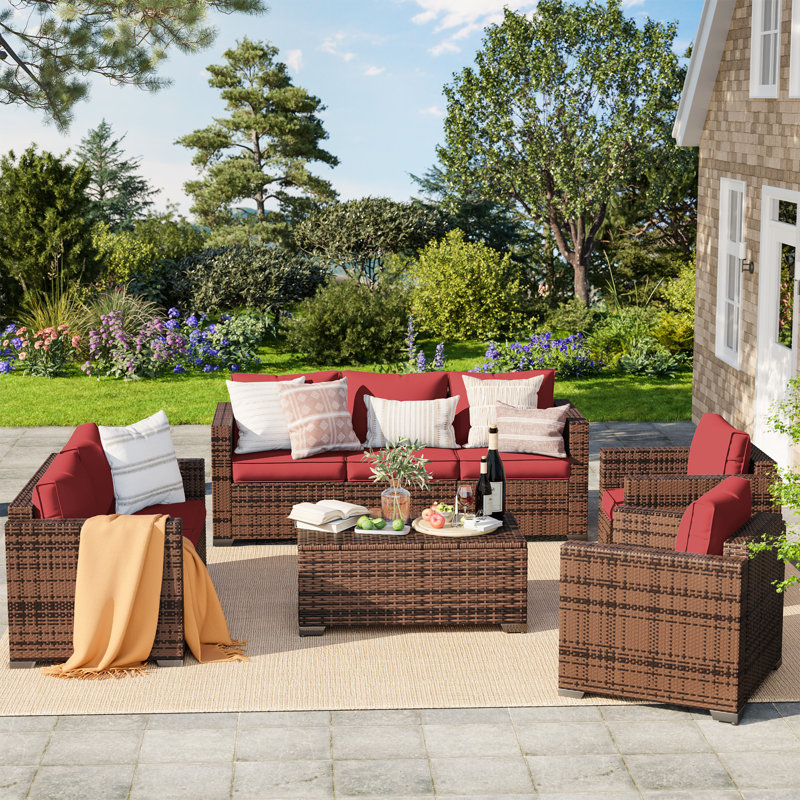 Azoriah 7 -  Person Oversized Armrest Outdoor Sectional Furniture Rattan Sets w/Storage Table, Wine Red