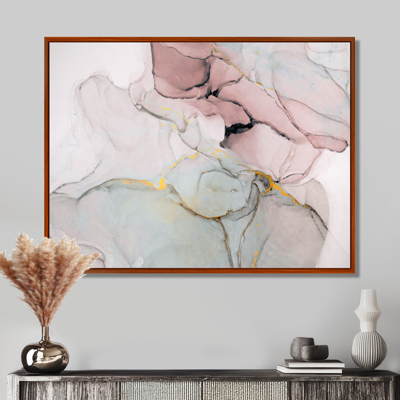 «Pink and Golden Marble Ripples II», impression sur toile, H 16 po x l 32 po, Reproduction avec cadre flottant, Brun
