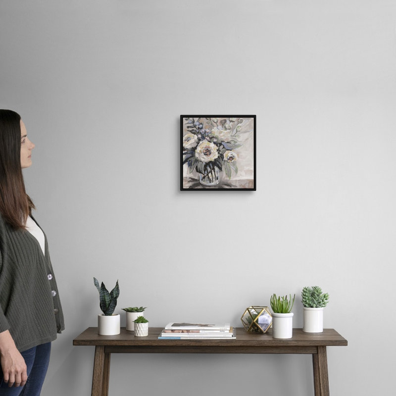 «Delighted Greige» par Jeanette Vertentes - reproduction d'art sur toile, H 14 po x l 14 po x P 1,75 po, Cadre flottant noir
