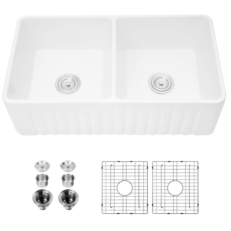 Apron Front White Ceramic Sink - , Double Bowl Undermount, Colorfast, 33"X18"X10", 93Lb, Bowl, Fade, 18"X10"X33",