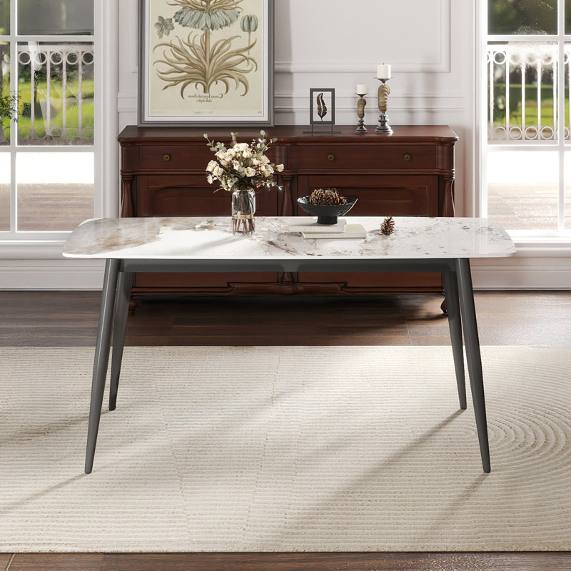 Table de salle à manger rectangulaire moderne 62,33 po en pierre frittée, pieds en métal gris foncé, Blanc