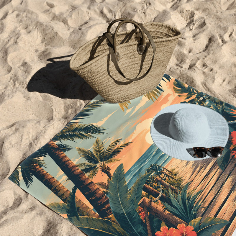 1 serviette de plage tropicale 1PCS, conception artistique de palmier et de coucher de soleil océan, absorbant doux pour, voyage, piscine