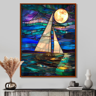 Voilier au clair de lune sur l'océan bleu et vert - bateau, art mural