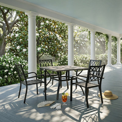 5‑Piece Outdoor Patio Dining Set, 4 Metal Chairs (350 Lbs Capacity), 37.8" Square Wood‑Grain Metal Table W/ Umbrella Hole,Rustproof, Ergonomic Slat Design, 30‑Min Quick Assembly, Ideal For Garden