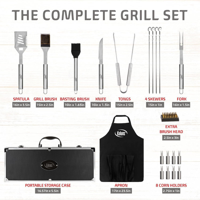 Ensemble d'outils de barbecue en acier inoxydable Kaluns avec étui de transport en aluminium et tablier, antiadhésif, allant au lave-vaisselle Accessoires pour barbecue argent (argent)