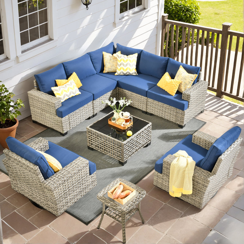 Ensemble de conversation d'extérieur en rotin pour 7 personnes avec chaises berçantes pivotantes, Marine