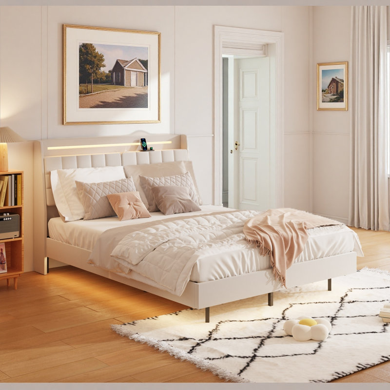 Lit plateforme moderne avec lumières DEL, tête de lit et charge USB, Grand lit