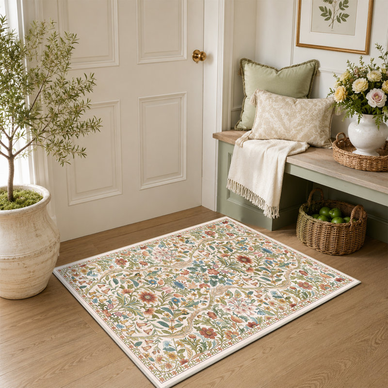 Washable Area Rug - Vintage Boho Botanical Low-Pile Rug, Rectangle 2' x 3', Beige/Ginger