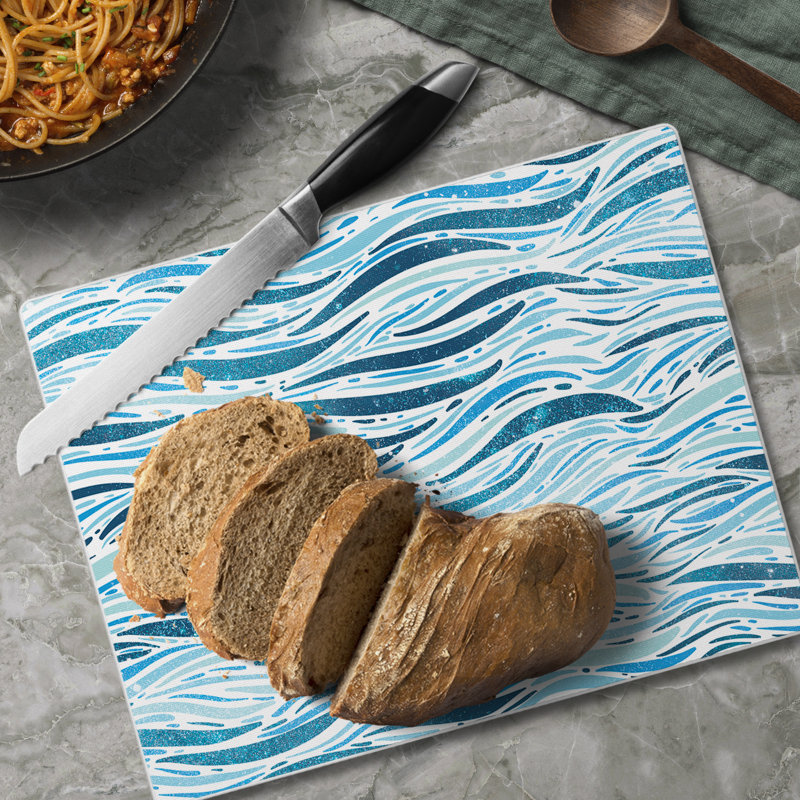 Wavy Waves Blue and White Tempered Glass Cutting Board 10" x 8"