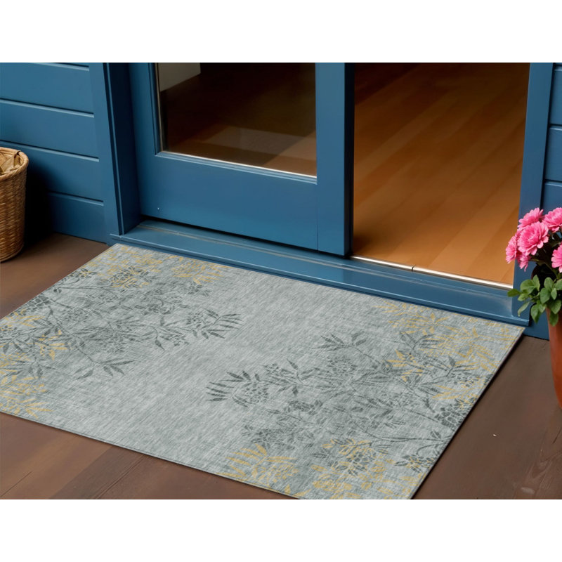 3' X 5' Gray Charcoal And Gold Floral Washable Indoor Outdoor Area Rug