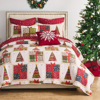 Greenland Home Fashions Deck the Halls Red 3-Piece Queen Size Quilt Set 88x92 + 20x26 (2)