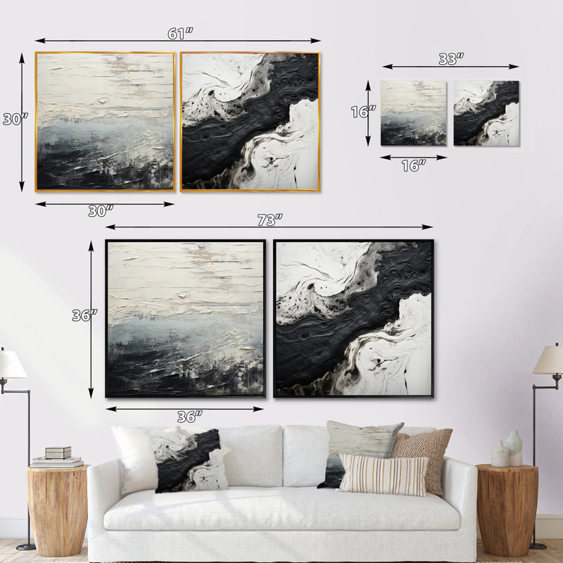 «Black and White Paint River», ensemble de 2 collages carrés à formes abstraites, Cadre flottant noir, H 16 po x l 33 po