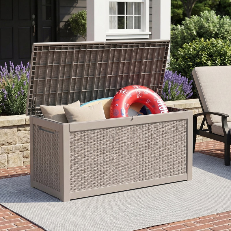 Boîte de rangement pour terrasse verrouillable en résine résistante à l'eau 260 gallons l 67,8 po, Brun pâle