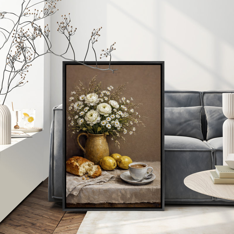 "White Daisy Bouquet" avec citrons et café, impression encadrée, 36" H x 24" W, Blanc
