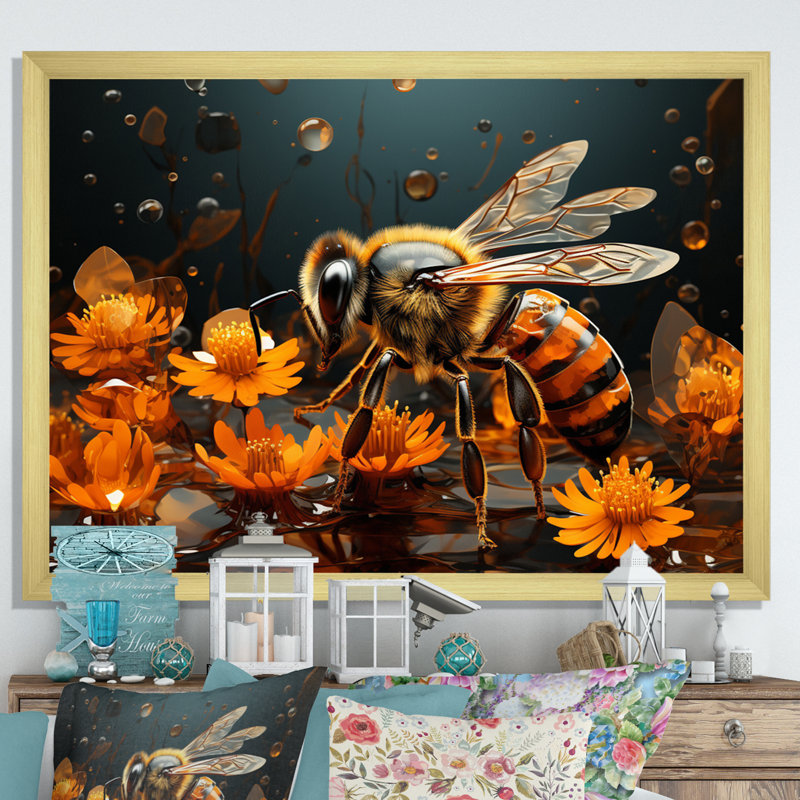 «Bee Buzzing Life», impression géométrique sur toile, Cadre flottant doré, H 12 po x l 20 po x P 1 po
