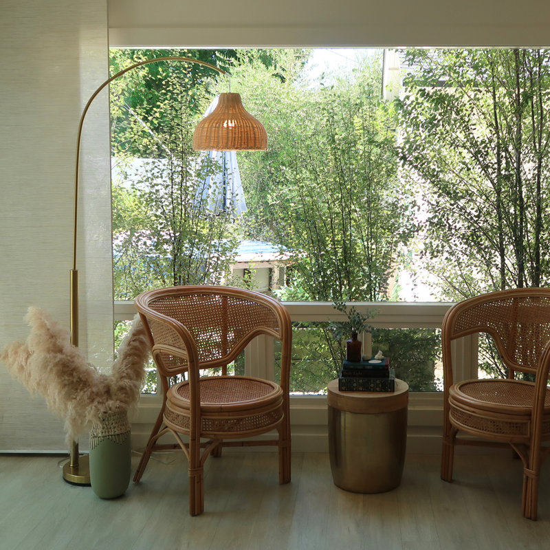75" Brass Arc Floor Lamp with Rattan Shade