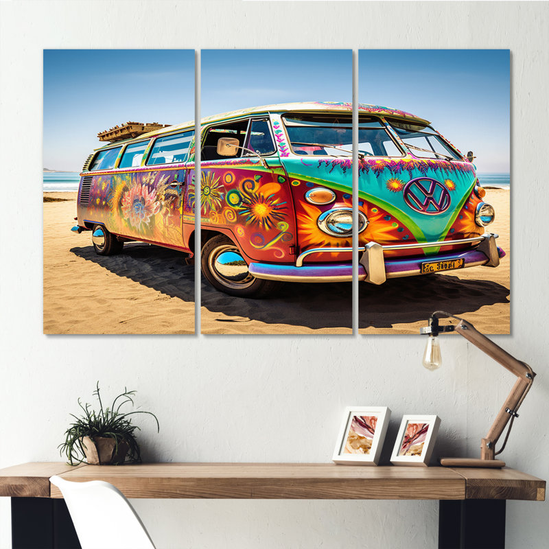 «Magic Hippie Bus On The Beach I - Car Van», ensemble de reproductions d'art mural, H 28 po x l 36 po x P 1 po