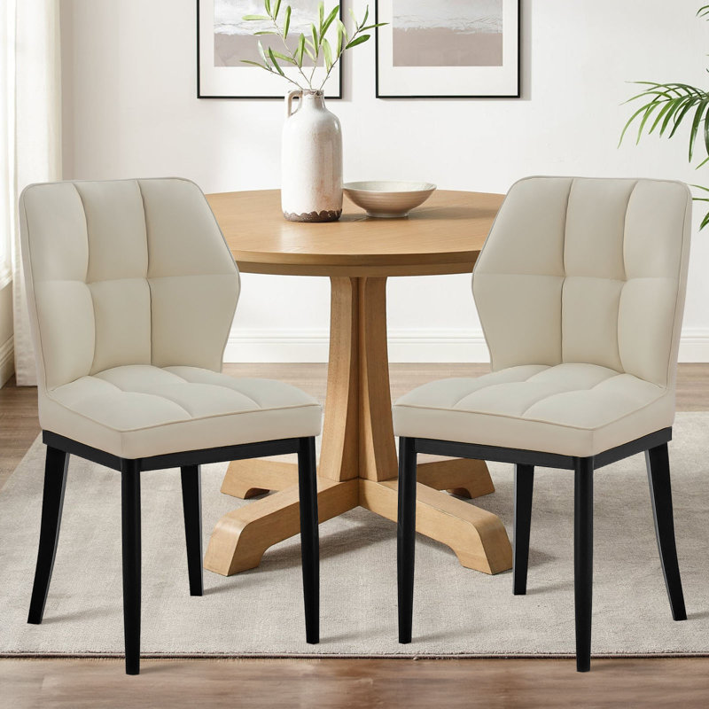 Raffertie 19.6" H PU Leather Upholstered Modern Dining Chairs With Black Metal Frame and Checker-Shaped Backerst, Beige, 2
