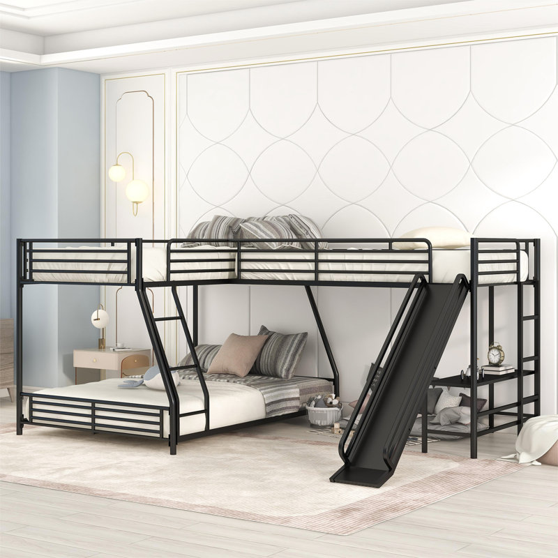 Lit superposé en forme de L noir avec lit mezzanine simple et bureau pratique - en métal et pour le confort de la famille par rapport aux éléments de divertissement intégrés