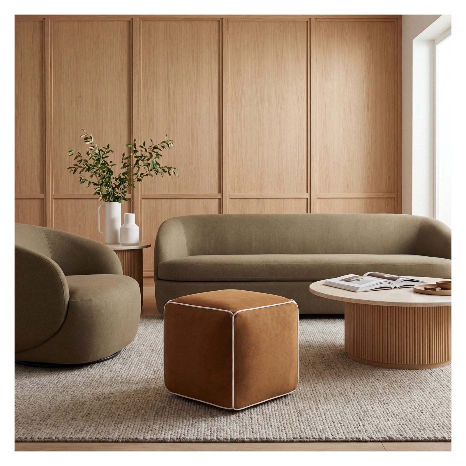 Ackerly Pouf, Brown/White