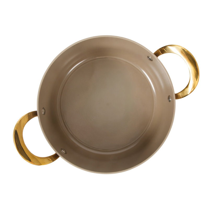 Bloomhouse 6 Quart Heavy Duty Aluminum Premium PFA Free Ceramic Nonstick Dutch Oven Pot with Lid - Cappucino Cream with Gold Handle