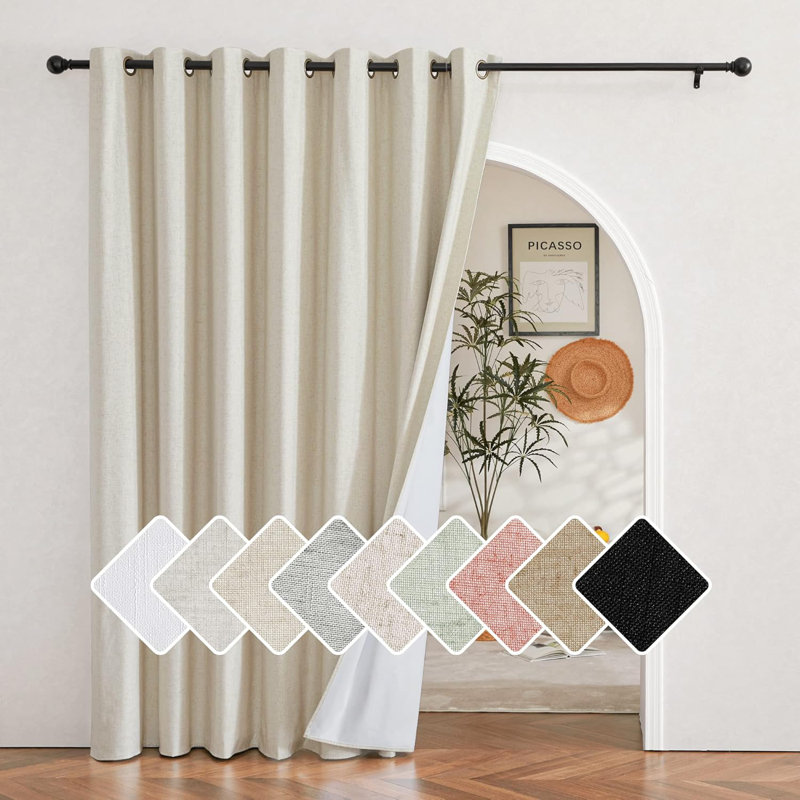 100% Blackout Curtain for Sliding Glass Door, Sliding Door Curtain with Linen Look, Completely Blackout Thermal Insulated Drape for Patio, Living Room, 1 Panel