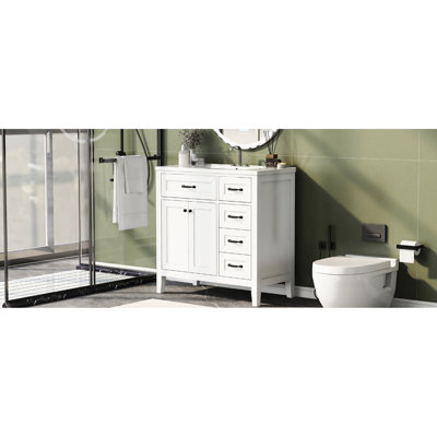 Meuble-lavabo de salle de bain 36 po blanc - autoportant moderne avec tiroirs, vasque en céramique, style