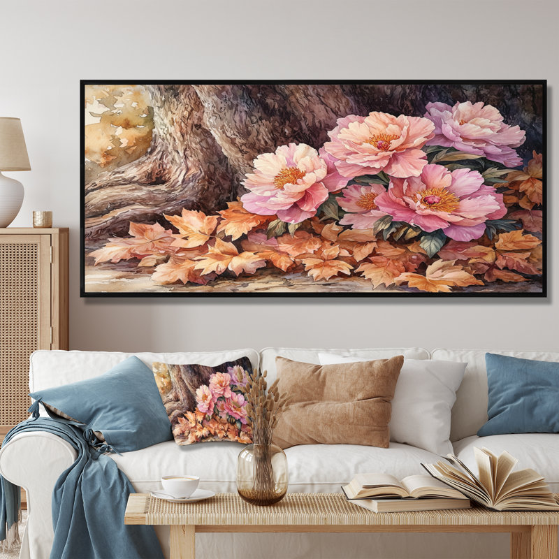 Imena, pivoines par le chêne, art mural, H 28 po x l 60 po, Impression encadrée flottante, Noir, noir, noir, noir