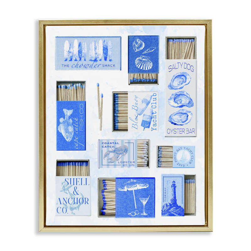 Cadre flottant bleu avec des boîtes d'allumettes, par Ziwei Li, H 31 po x l 25 po, Cadre flottant métallique doré