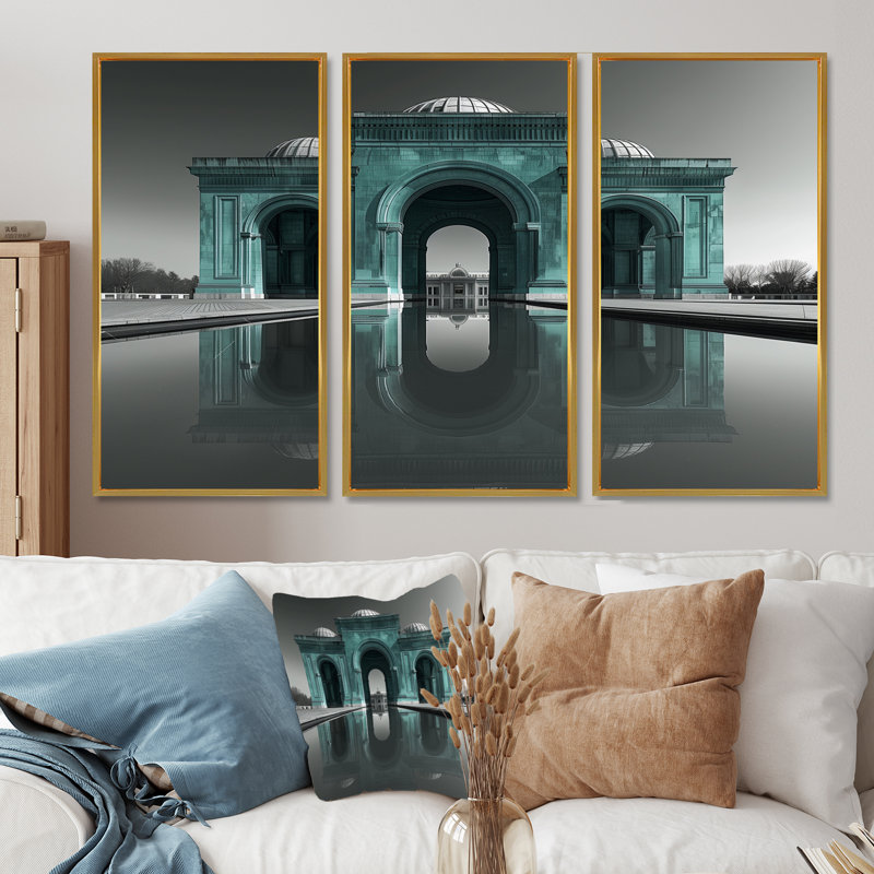 Ensemble de salon d'art mural vert Taj Mahal, Toile avec cadre flottant or, H 40 po x l 60 po x P 1 po